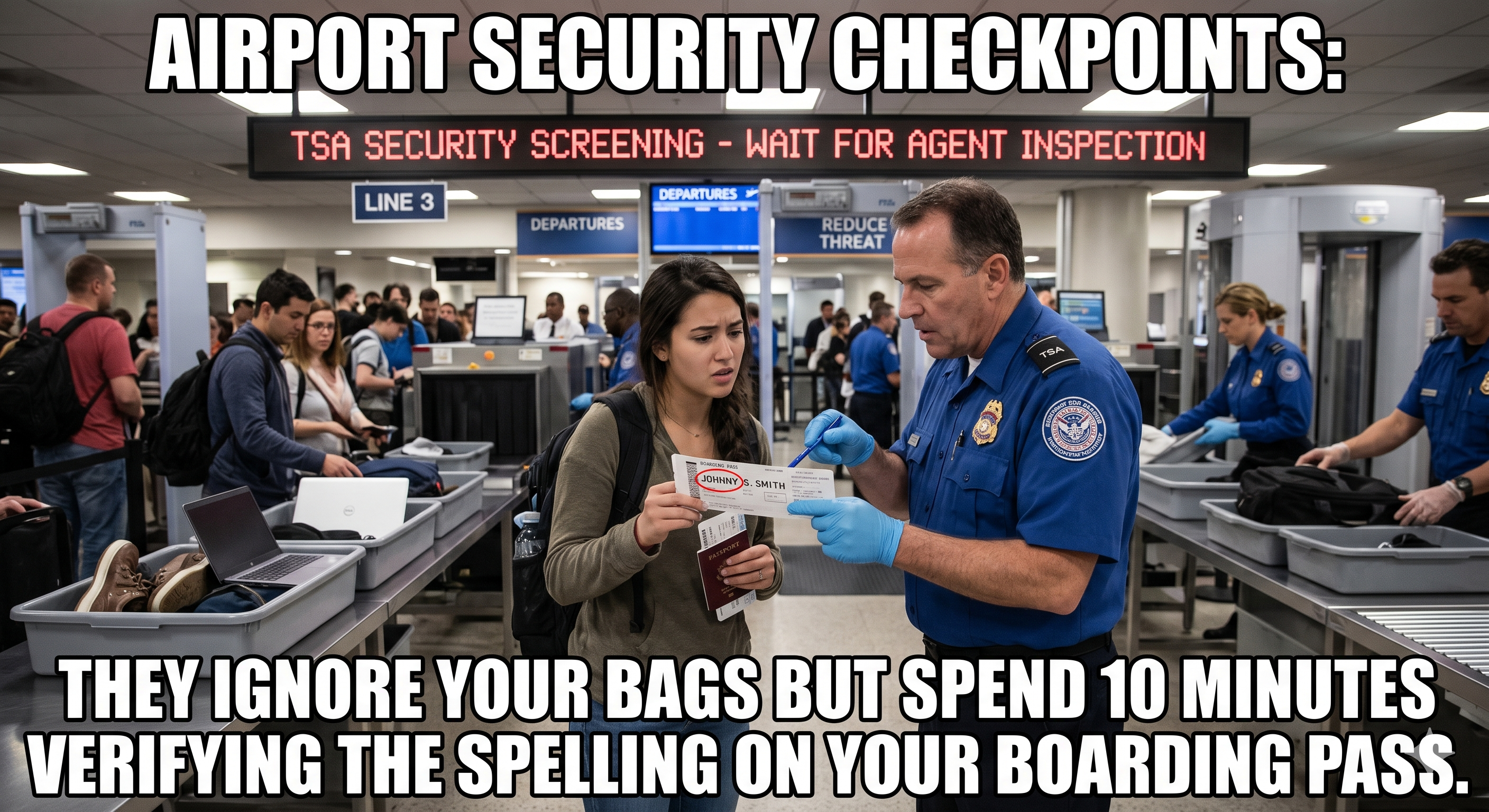 security theater meme: airport screening but they only check your ticket spelling