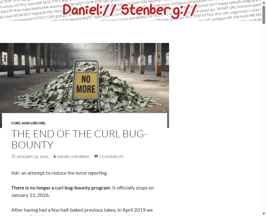 Daniel Stenberg&rsquo;s blog post titled The end of the curl bug-bounty, dated 26 January 2026, with a photograph of a pile of money next to a sign reading NO MORE