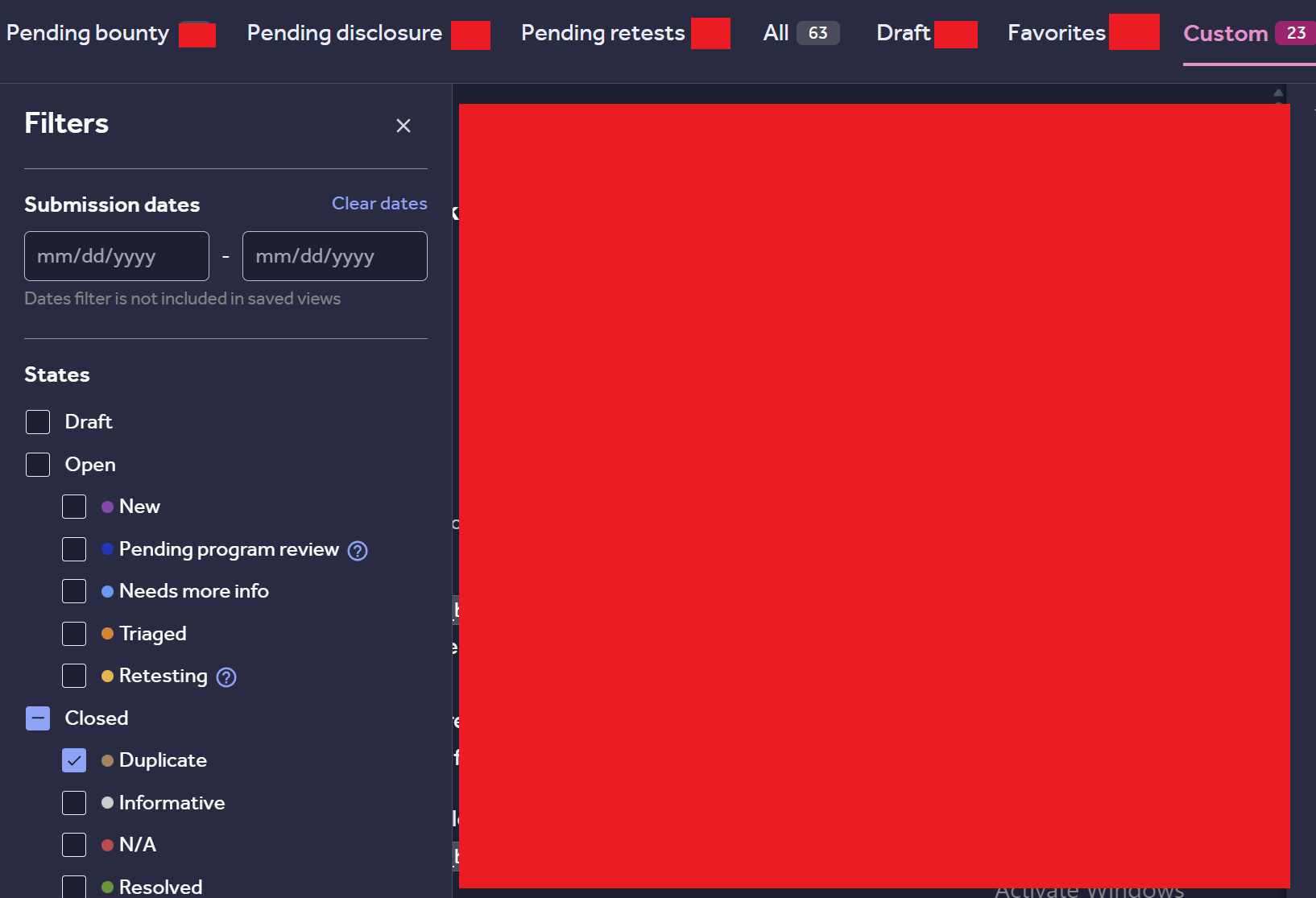 HackerOne reports dashboard filtered to Closed and Duplicate, showing the saved view holding twenty-three duplicate reports out of sixty-three total. The report list itself is redacted