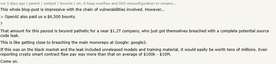Hacker News comment calling the 6,500 dollar bounty beyond pathetic for a company valued near 1.2 trillion dollars that had just been breached with a complete potential source code leak