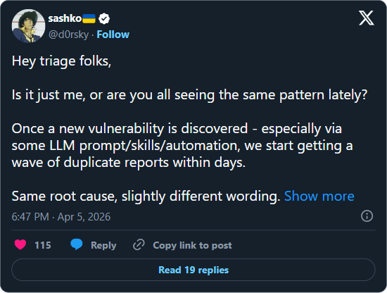 Tweet from triage engineer d0rsky describing a wave of duplicate reports arriving within days of any new vulnerability being discovered