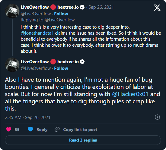 LiveOverflow tweet saying he is not a huge fan of bug bounties and criticises the exploitation of labor at scale, while still standing with HackerOne and the triagers