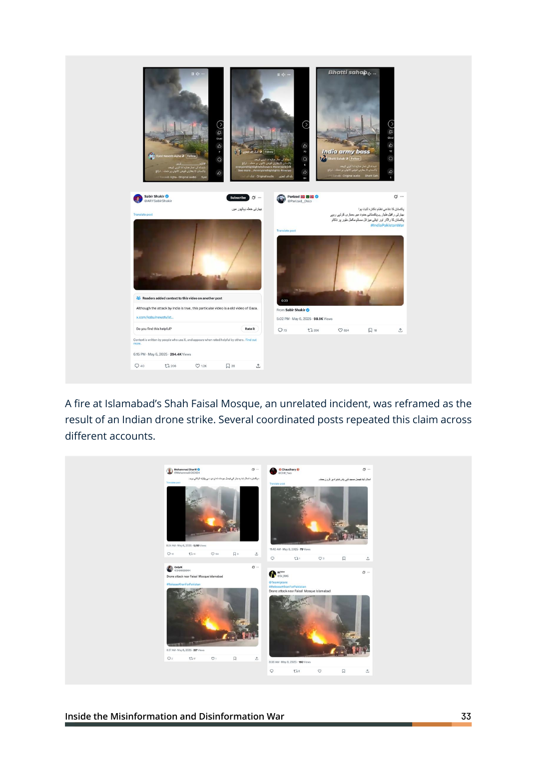 An older fire near Faisal Mosque was reframed as an Indian drone strike by several accounts
