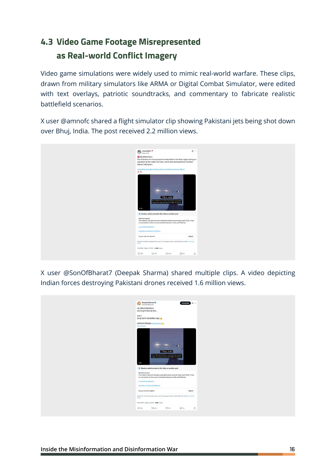 Flight-simulator and game footage was presented as real combat by high-reach accounts