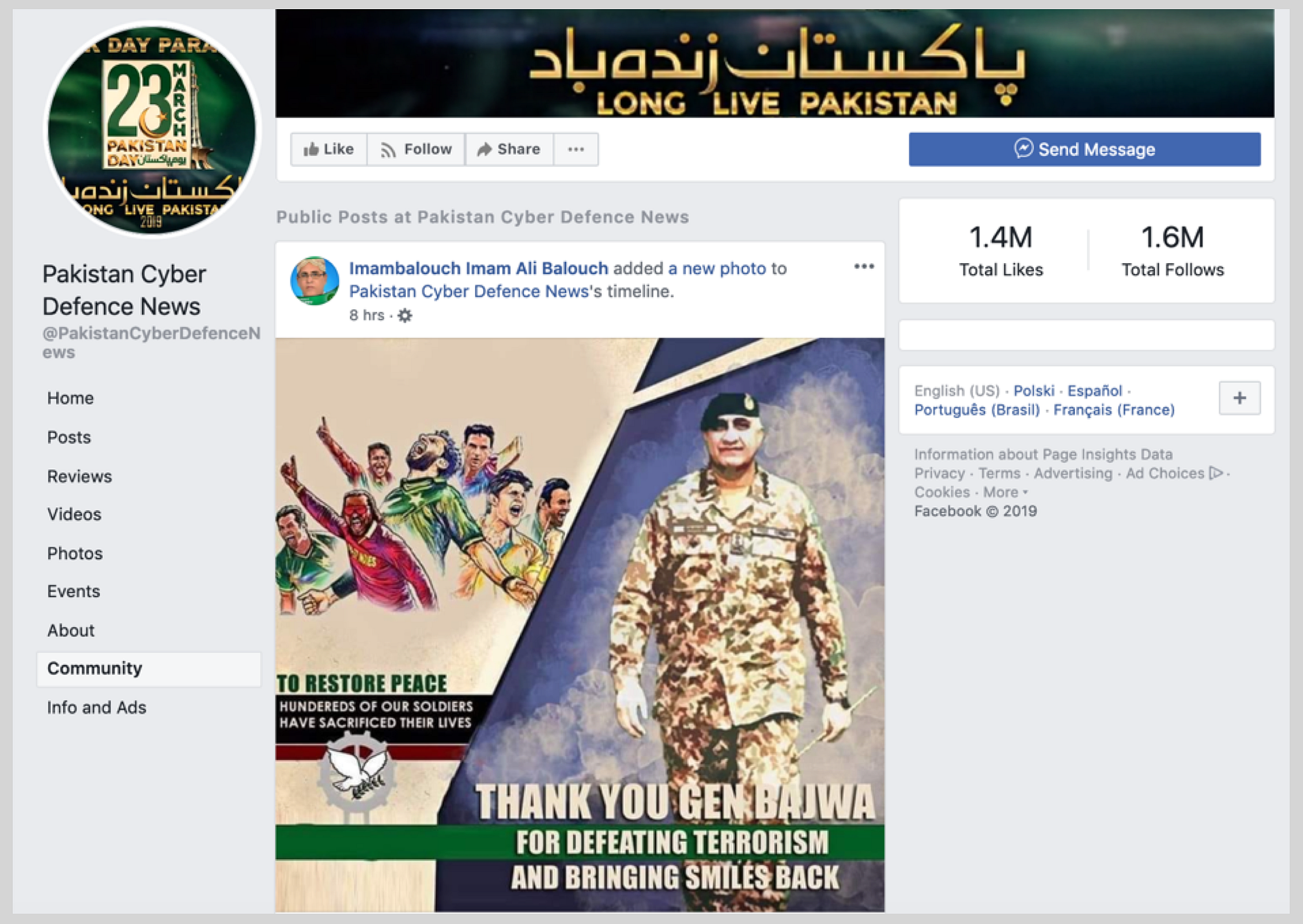 DFRLab screenshot of Pakistan Cyber Defence News, one of the pages in the removed network
