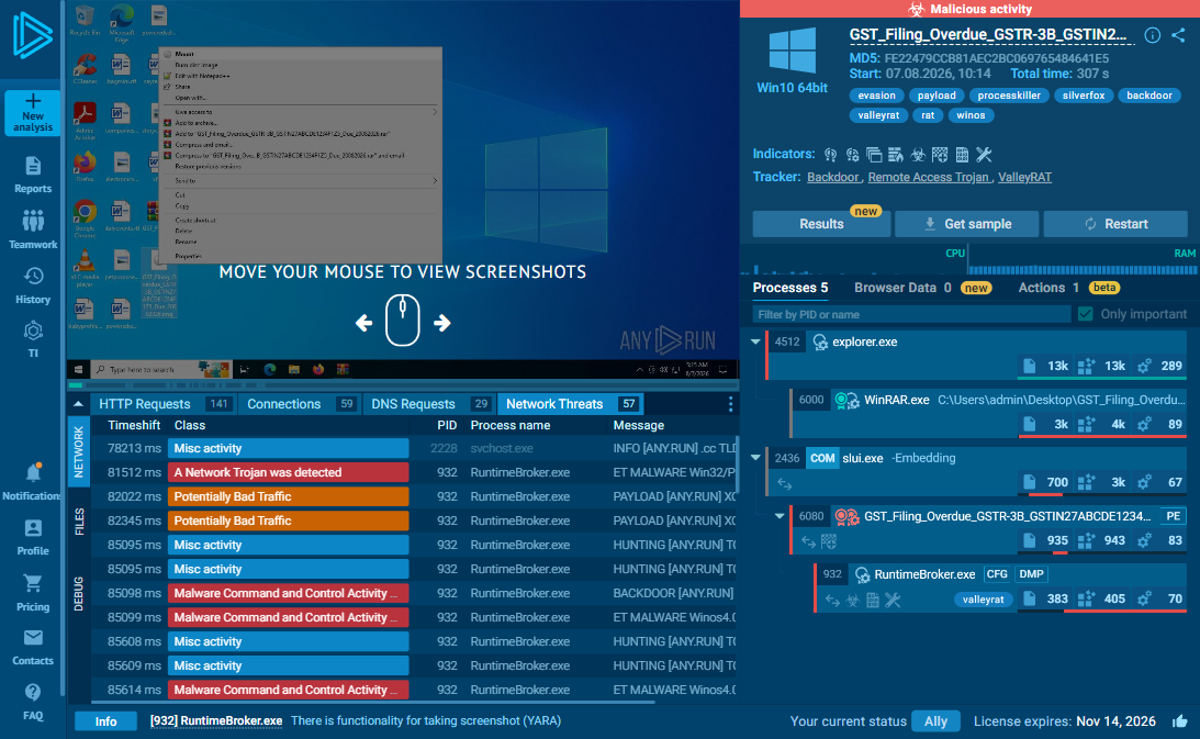 Suricata: XORed executable loaded -> ProcessKiller CnC init -> SilverFox TCP init -> WinOS4.0 login