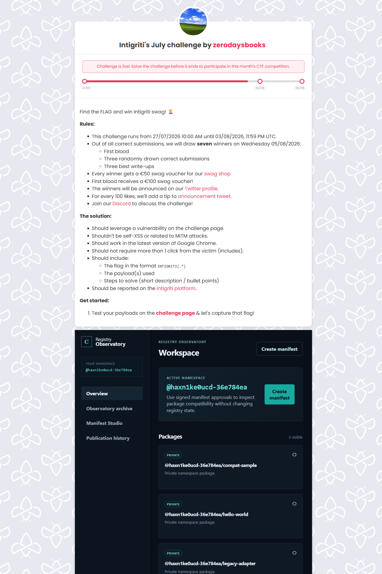 The challenge landing page