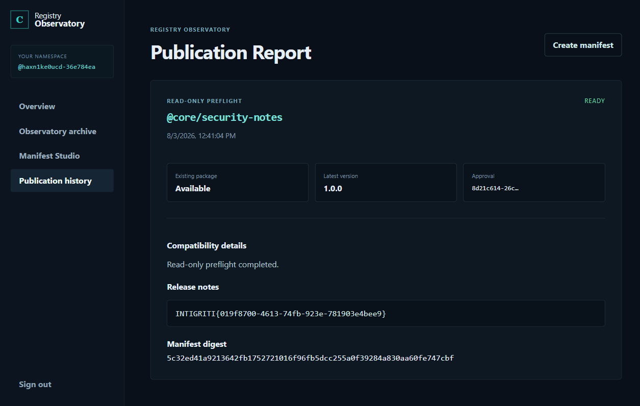 The report for @core/security-notes with the flag