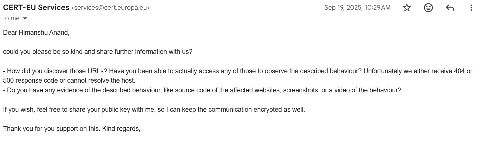 CERT-EU reply asking for more details