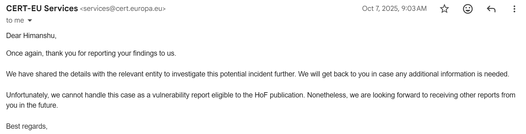 CERT-EU email about HoF ineligibility