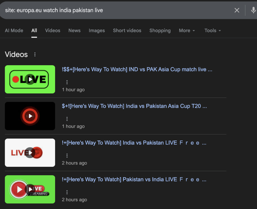 Google result for europa.eu streaming match