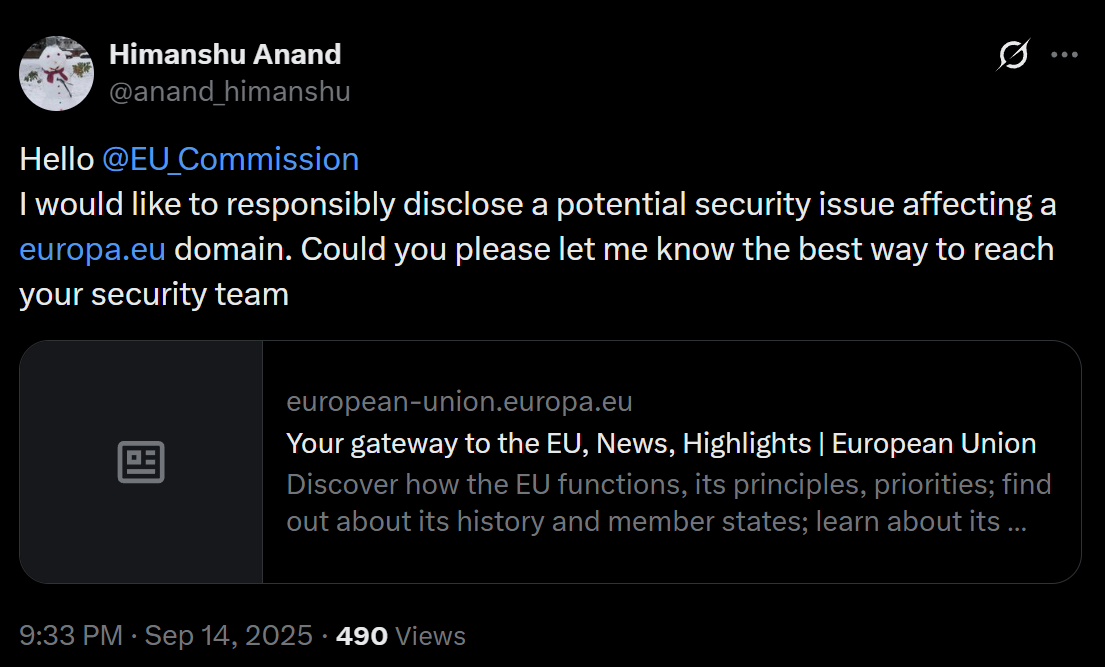 Tweet about europa.eu compromise