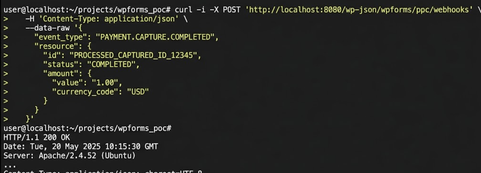 terminal screenshot of the curl request and the 200 OK response